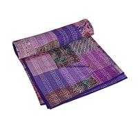 Indian Patchwork Kantha Quilt,Throw Handmade Silk Patola Kantha Bed Cover,King Size Reversible Bedding Bedspread,Vintage Hand Stitch Gudri, Decorative Beach Blanket (Purple, Queen 90" x 108")