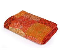 Indian Patchwork Kantha Quilt,Throw Handmade Silk Patola Kantha Bed Cover,King Size Reversible Bedding Bedspread,Vintage Hand Stitch Gudri, Decorative Beach Blanket (Orange Color)