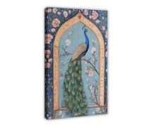 Indian Peacock Art Print, Mughal Style Canvas Poster Wall Art Decor Print Picture Paintings for Living Room Bedroom Decoration 12" L X 18" W