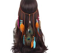Indian PeacockFeather Headpiece Bohemian Feather Headband for Women Girls Feather Tassel Princess Headband Beaded Hairband Hippie Fascinator Headdress Festival Carnival Hair (Blue, One Size)