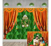 Indian Pooja Traditional Festival Backdrop 2.4x1.8m Marigold Green Banana Leaf Ganesh Background Puja Ganpati Wedding Party Decorations Photo Props