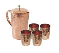 Indian Pure Copper Hammered Jug with 4 Tumbler Glass Set for Ayurvedic Healing1.5 L