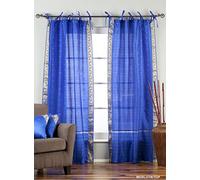 Indian Selections Enchanting Blue Tie Top Sheer Sari Curtain/Drape/Panel - 43W x 84L - Pair