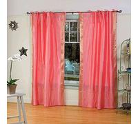 Indian Selections Lined-Pink Tie Top Sheer Sari Curtain/Drape/Panel - 43W x 96L - Pair