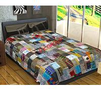 Indian Silk Patchwork Kantha Quilts Patola Bedspread Throws Bedding Comforter Hand Quilted Blankets Premium Bohemian Bed Cover for Sale Shades Patches (Grey, Queen Size(90x108 Inches))