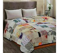 Indian Silk Patchwork Kantha Quilts Patola Bedspread Throws Bedding Comforter Hand Quilted Blankets Premium Bohemian Bed Cover for Sale Shades Patches (White, King Size(108x108 Inches))
