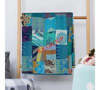 Indian Silk Patchwork Kantha Quilts Patola Bedspread Throws Bedding Comforter Hand Quilted Blankets Premium Bohemian Bed Cover for Sale Shades Patches (Turquies, King Size(108x108 Inches))