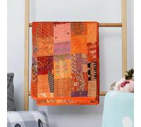 Indian Silk Patchwork Kantha Quilts Patola Bedspread Throws Bedding Comforter Hand Quilted Blankets Premium Bohemian Bed Cover for Sale Shades Patches (Orange, Queen Size(90x108 Inches))