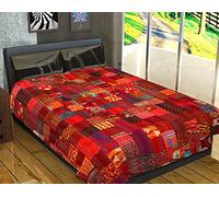 Indian Silk Patchwork Kantha Quilts Patola Bedspread Throws Bedding Comforter Hand Quilted Blankets Premium Bohemian Bed Cover for Sale Shades Patches (Red, Queen Size(90x108 Inches))