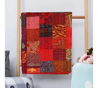 Indian Silk Patchwork Kantha Quilts Patola Bedspread Throws Bedding Comforter Hand Quilted Blankets Premium Bohemian Bed Cover for Sale Shades Patches (Red, Twin Size(60x90 Inches))