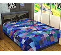 Indian Silk Patchwork Kantha Quilts Patola Bedspread Throws Bedding Comforter Hand Quilted Blankets Premium Bohemian Bed Cover for Sale Shades Patches (Blue, Queen Size(90x108 Inches))