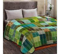 Indian Silk Patchwork Kantha Quilts Patola Bedspread Throws Bedding Comforter Hand Quilted Blankets Premium Bohemian Bed Cover for Sale Shades Patches (Green, King Size(108x108 Inches))