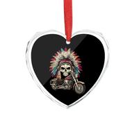 Indian Skull on Motorcycle Christmas Ornament Glass Heart Pendant Souvenir