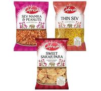 Indian Snack Varieties Bundle Pack with Cofresh Sweet Sakar Para 300g - 1 Pack | Cofresh Thin Sev 325g - 1 Pack | Cofresh Sev Mamra & Peanuts 200g - 1 Pack | Total 3 Pack