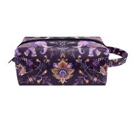 Indian Style Elephants and Floral Elements Women Cosmetic Storage Bag, Hanging Makeup Toiletry Bag, Portable Leather Travel Bag School Pencil Case