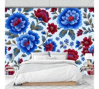 Indian-Style Floral Print Wall Murals Elegant Traditional Art Style Mural Dark Blue Wallpaper for Living Room Bedroom Bathroom 200 X 150 Cm