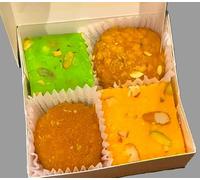 Indian Sweets Gift Box, 4 Pieces in 1 box with Pistachios, Traditional Mithai (Pistachio Barfi, Coconut Barfi, Motichur Ladoo, Boondi Ladoo) (8 Box)