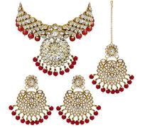 Indian Traditional 18K Gold Plated Kundan Bead Choker Necklace with Earring Mangtikka Jewellery Set for Women Girls By Indian Collectible