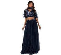 Indian Traditional Dress for Women Outfit Lengha Choli Lehenga Saree Skirt and Top Dupatta Coord Set for Wedding Guest Navy Sequin Flowers Size 14