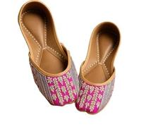 Indian Traditional Flats for Women Dressy Comfortable - Phulkari Khussa, Handmade Punjabi Jutti Ethnic Moajris for Casual & Festive Occasions, Shellac Pink, 4.5 UK