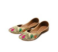Indian Traditional Flats for Women Dressy Comfortable - Phulkari Khussa, Handmade Punjabi Jutti Ethnic Moajris for Casual & Festive Occasions, Cream Teardrop, 5 UK