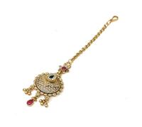Indian Traditional Maang Tika Gold Plated Round Forehead Hair Head Ornament in Red Green White Stones and Little Charms - Party Dance Headpiece For Women Girls by Duel On Jewel, Glass, Glass