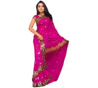 Indian Trendy Women's Bollywood Sequin Embroidered Sari Festival Saree Unstitched Blouse Piece Costume Boho Party Wear, Magenta, One Size