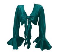 Indian Trendy Women's Satin Ruffle Sleeve Tie Top Choli Blouse Belly Dance Gypsy, Teal Green, One Size