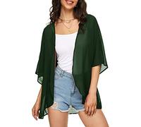 Indian Trendy Women's Solid Puff Sleeve Kimono Cardigan Loose Cover Up Casual Blouse Top Chiffon, Dark Green, 3XL