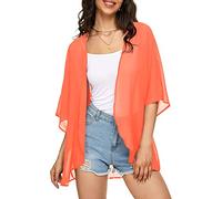 Indian Trendy Women's Solid Puff Sleeve Kimono Cardigan Loose Cover Up Casual Blouse Top Chiffon, Fluorescent Orange, XXL