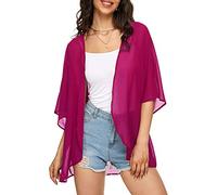 Indian Trendy Women's Solid Puff Sleeve Kimono Cardigan Loose Cover Up Casual Blouse Top Chiffon, Violet Red, 3XL