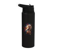 Indian Tribe Artwork Native American Feather Headdress Stainless Steel Insulated Water Bottle