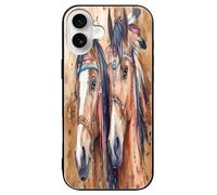 Indian Two Horses Watercolor Personalized Glass Phone Case Cover Compatible with iPhone 16/16 Plus/16 Pro/16 Pro Max/16 E