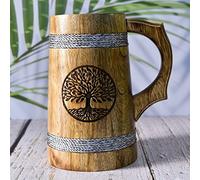 Indian Viking Style Beer Mug for Him - 20 OZ Natural Hardwood Mango Wood - Wedding & Birthday Gifts With Both Side Engraving