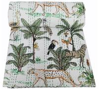 Indian Vintage Reversible Traditional Pure Cotton Jungle Print Kantha Quilt, Bed Cover Throw Animal Printed Kantha Quilts Bedspread Blanket Throw Quilts (White, Twin 60x90 Inches)