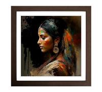 Indian Woman Abstract Art No.1 Framed Print | 18x18 Inch Walnut Framed Wall Art | Ready to Hang | Abstract Fantasy Picture | Living Room Bedroom Lounge Office