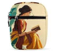 Indian Woman Reading Book Small Crossbody Bag Unisex | Mini Satchel Men Women Adjustable Sling Shoulder Strap Messenger