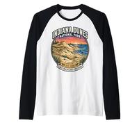 Indiana Dunes National Park Retro Lake Michigan Sunset Badge Raglan Baseball Tee