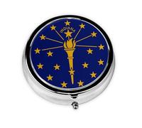 Indiana State Flag Round Mini Pill Box: 3-Compartment Portable Metal Pill Organizer with Snap Closure, Ideal for Daily Travel Use