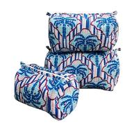 INDIANHANDICRAFTS Blue Tropical Palm Hand Block Printed Cotton Quilted Travel Pouch (Set of 3) with Zipper Closure