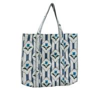INDIANHANDICRAFTS Grey Striped Handblock Printed Cotton Quilted Shoulder Tote Bag with Open Closure - Handmade Travel Bag