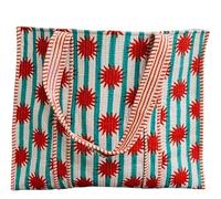 INDIANHANDICRAFTS Red Polka Dot Green Striped Hand Block Printed Cotton Quilted Shoulder Tote Bag with Open Closure