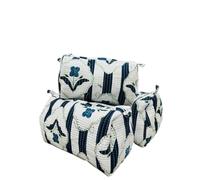 INDIANHANDICRAFTS Striped Floral Hand Block Printed Cotton Quilted Travel Cosmetic Pouch (Set of 3) with Zipper Closure