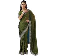 Indianstore4Everyone Women's Georgette Hot Fixing Stone Work Saree With Unstitched Blouse Piece (Olive Green)