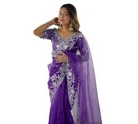 Indianstore4Everyone Women's Organza Sequence Embroidery Saree With Unstitched Blouse Piece -Bollywood saree/Designer saree (PURPLE)