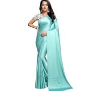 Indianstore4Everyone women's Soft Satin Silk Plain Saree With Art Silk Digital Printed Unstiched Designer Blouse- Turquoise