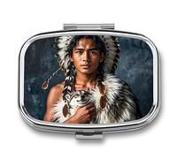 Indigenous People and Wolves Pill Box Travel Pill Organizer 2 Compartment Weekly Pill Case with Mirror A Day Medicine Container Medicine Organizer for Purse, Pocket, Or Wallet