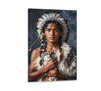 Indigenous People And Wolves Wall Art, 12x18inch(30x45cm) Vertical Canvas Wall Art Prints, Modern Home Hanging Decor for Living Room, Bedroom, Office, Framed/Unframed, Frame-style