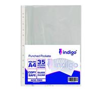 Indigo 50 x A4 Glass Clear 35 Micron Punched Pocket Polypropylene Top-Opening [Pack of 50]
