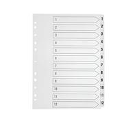 Indigo® A4 Dividers - 12 Part Numbered 1-12 Durable Polypropylene Index with Pre-Printed Tabs & Front Index Card, Multipunched - Pack of 25 for Binders & Filing